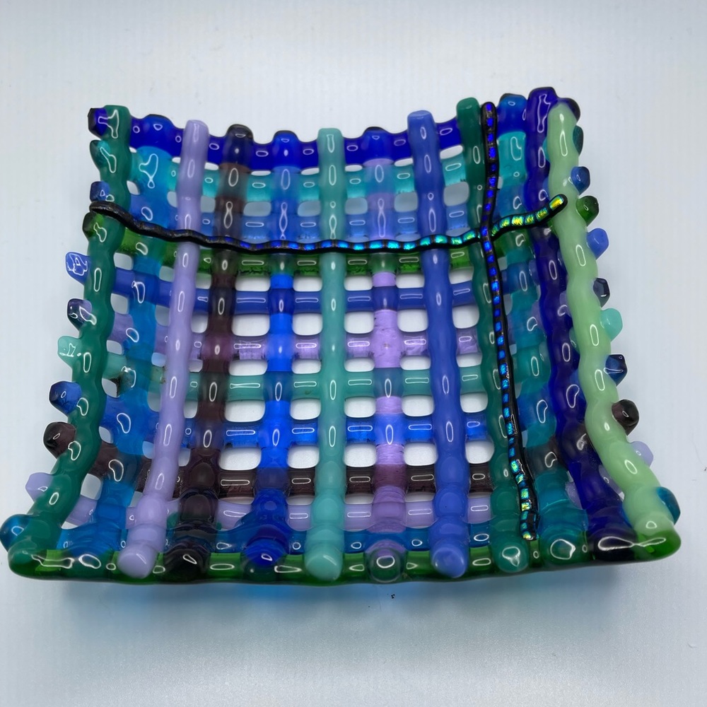 Fused Glass Woven Bowl Of Multicolor Glass - 5” Square